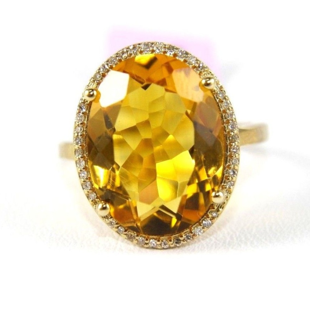 Yellow Citrine Ring w/Diamond Halo 14K YG 7.64Ct